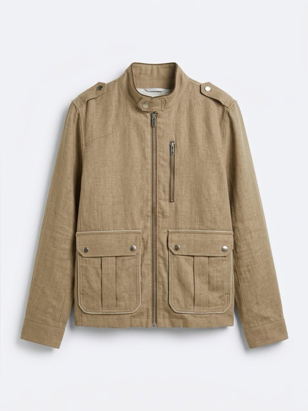Zara Man Linen Field Military Moto Jacket - Khaki Tan